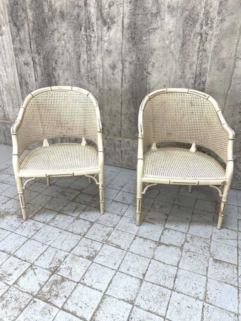Pair Of Shabby Chic Mid Century Wicker And Cane Armchairs photo for sale
