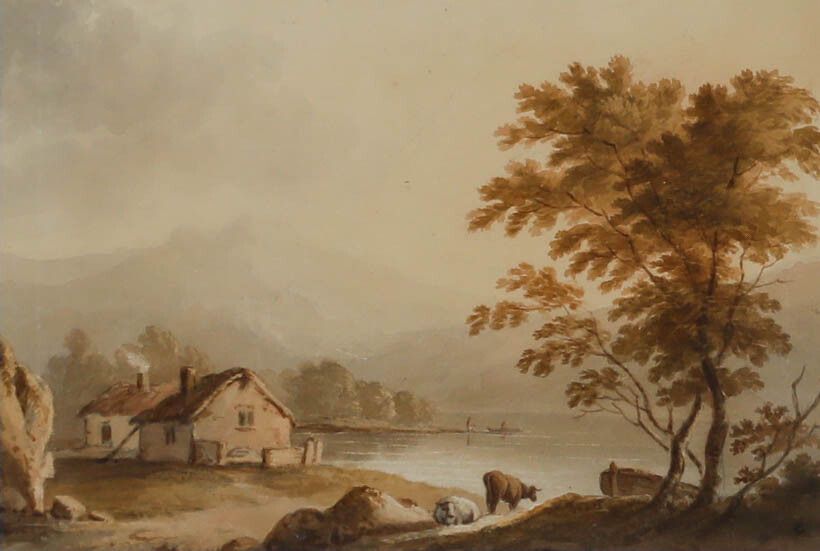 Framed Early 19th Century Watercolour Landscape With Cottage Dwellings photo furniture