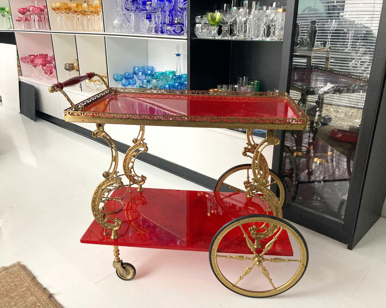 Brass Bar Cart | Red Lacquered Wood | Rococo Style 1950s photo Furniture