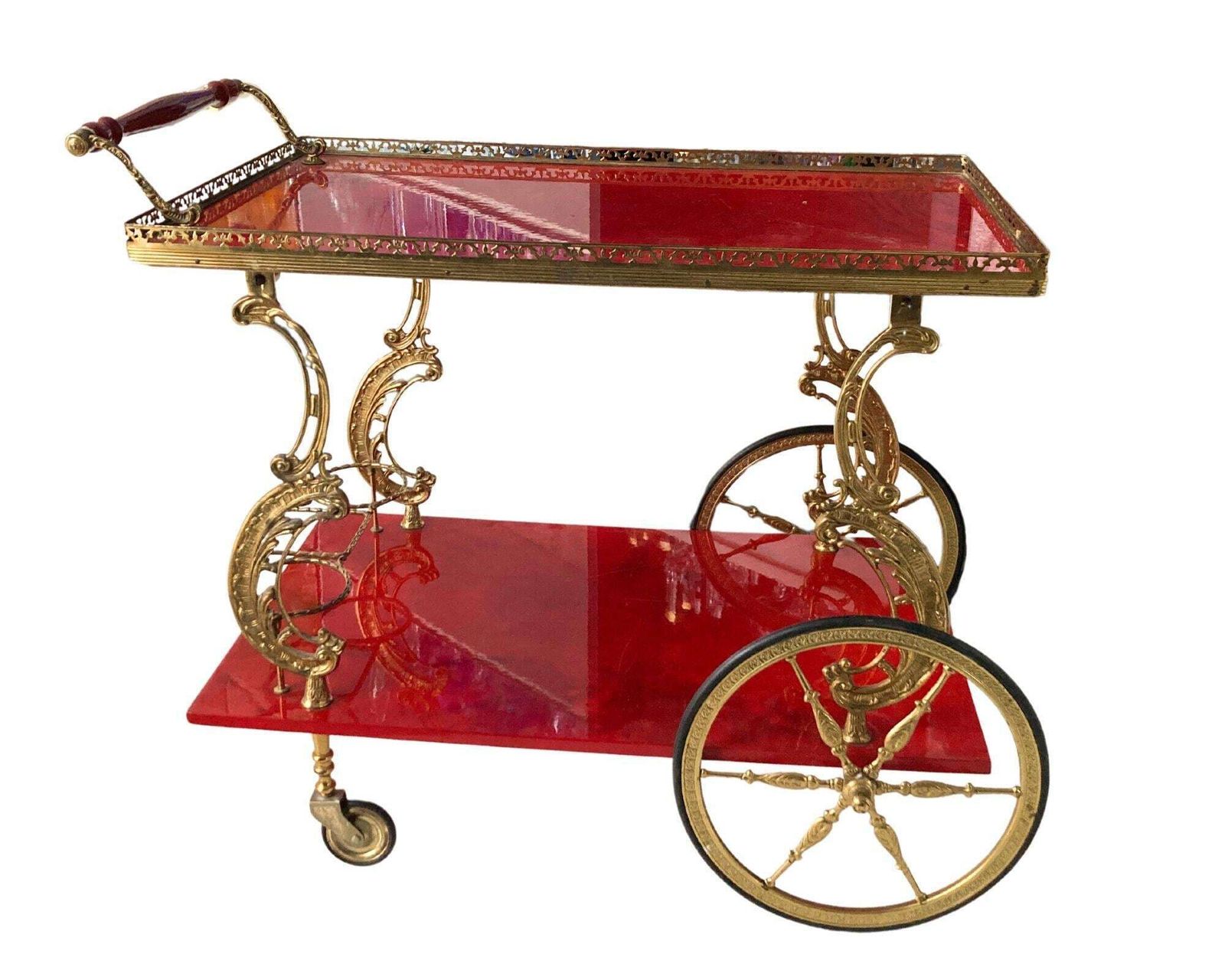 Messing Barwagen | Rood Gelakt Hout | Rococo Stijl Jaren 1950 photo vinterior