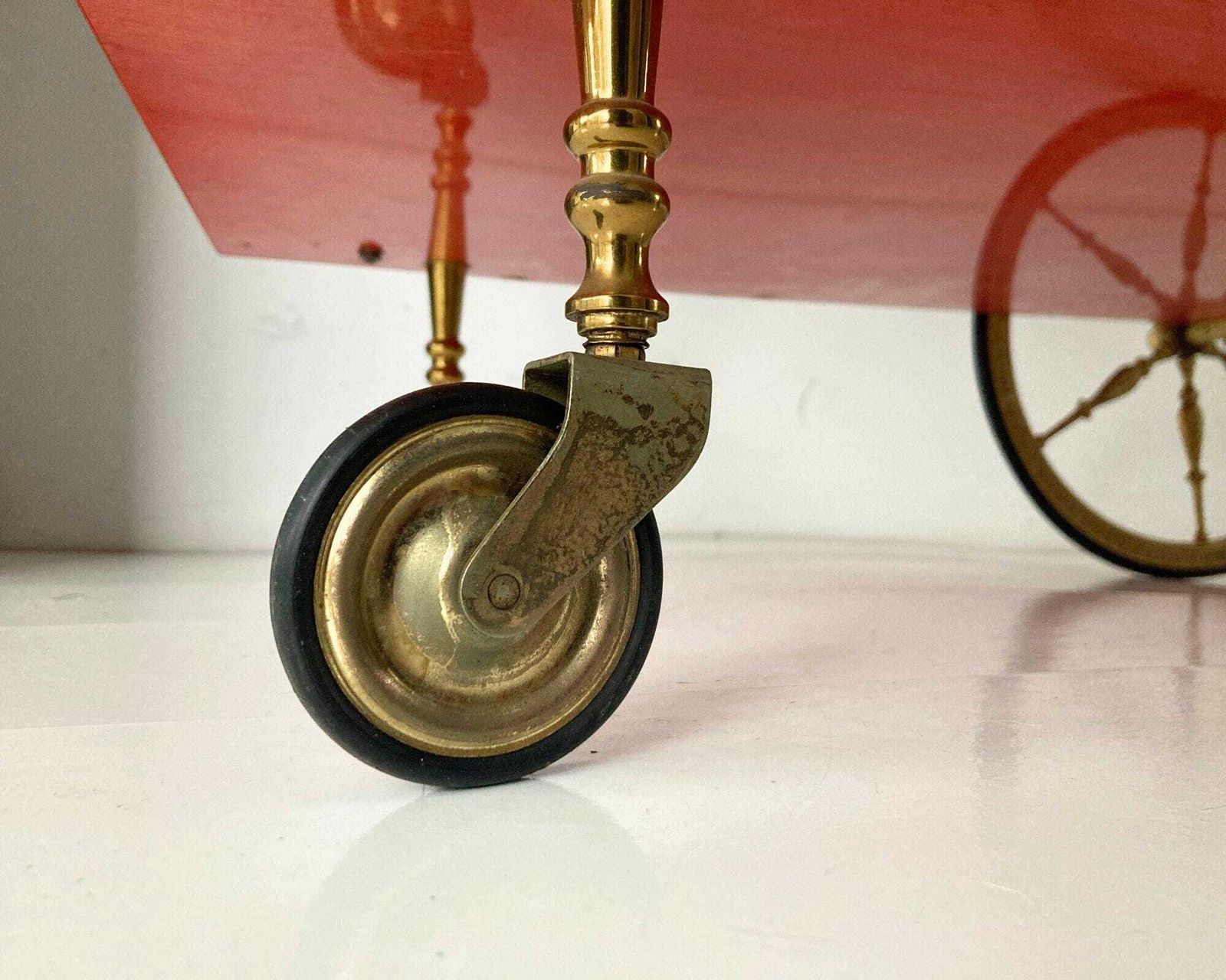 photo furniture Brass Bar Cart | Red Lacquered Wood | Rococo Style 1950s