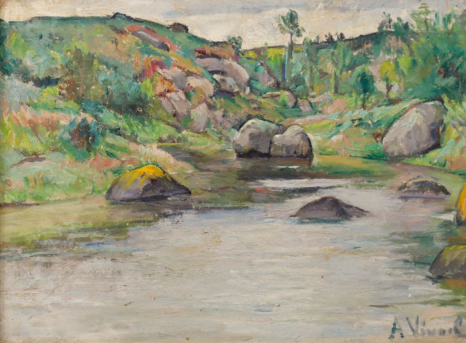 Andre Leon Vivrel (1886 1976) Mid 20th Century Oil, River Bend photo furniture