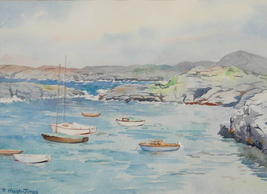 R. Hugh Jones Framed 20th Century Watercolour, Boats Docked By Coastline photo furniture