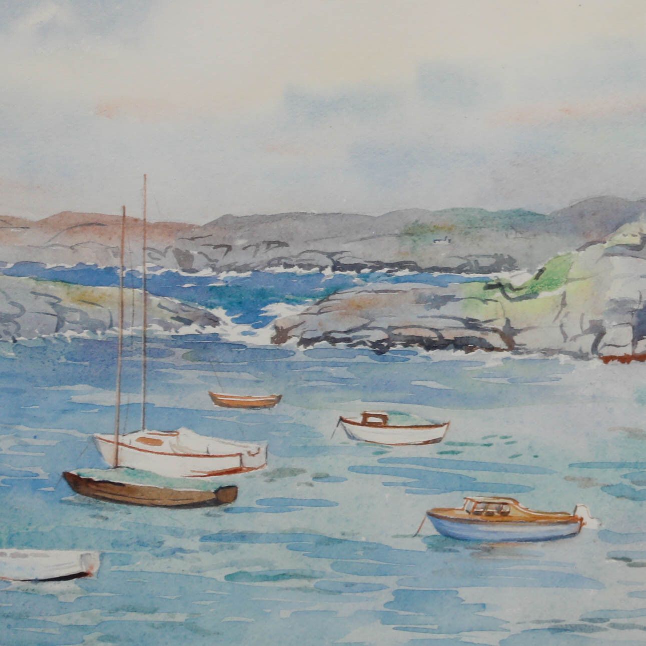 R. Hugh Jones Framed 20th Century Watercolour, Boats Docked By Coastline photo Art