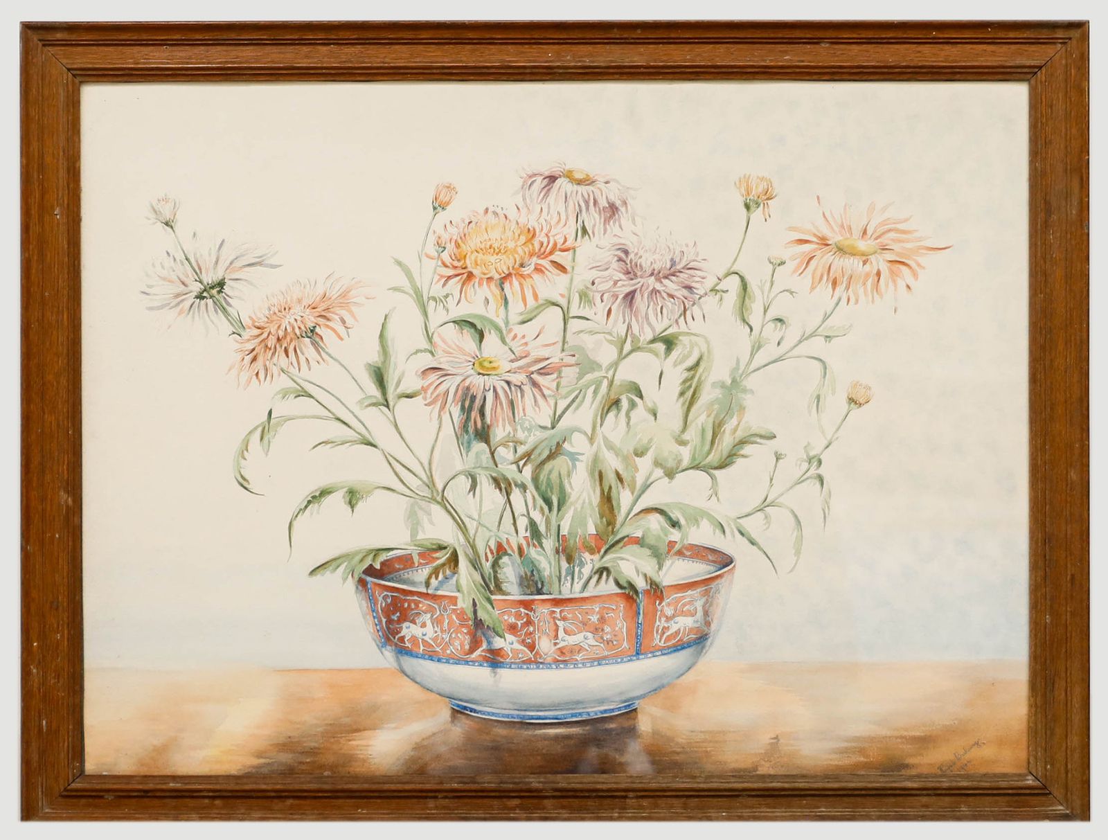 Winifred Barkaway (1915 2010) 1946 Watercolour, Chrysanthemums And Porcelain