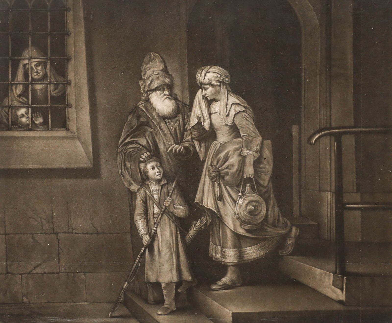 John Spilsbury (1730 1795) After Rembrandt 18thc Mezzotint, Hagar's Departure photo furniture
