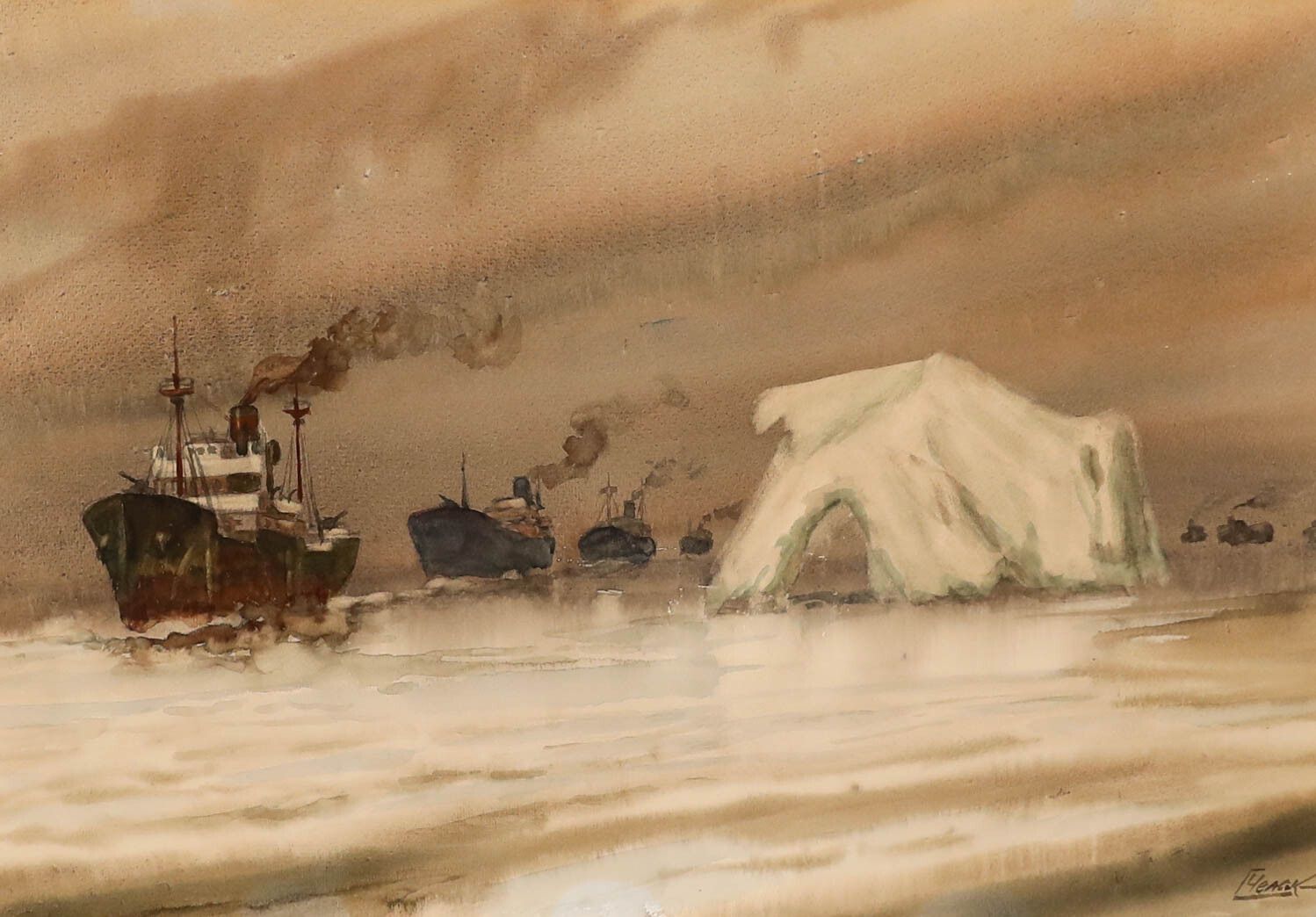 Georgy Chelak (B.1914) 20th Century Watercolour, Convoy Off Greenland