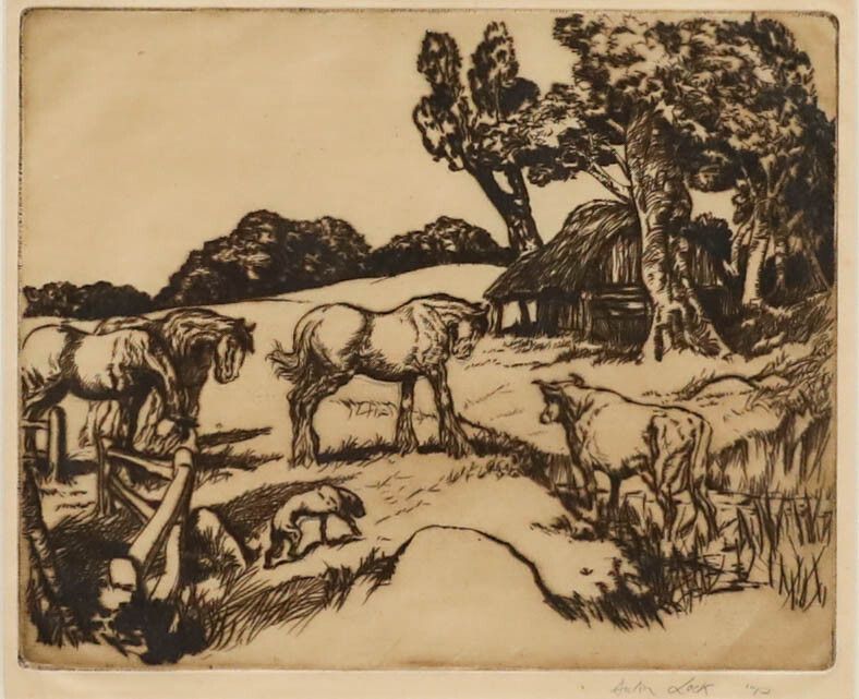 Anton Lock (1893 1970) Framed Early 20th Century Drypoint, Animal Farm photo furniture