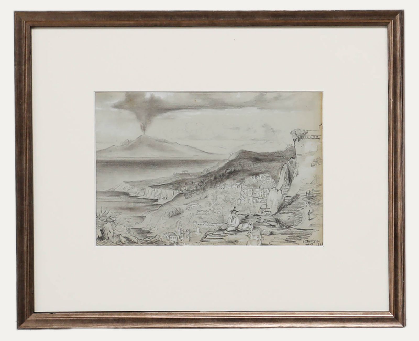 N. Darby  Framed 19th Century Graphite Drawing, Volcanic Landscape With Shepherd