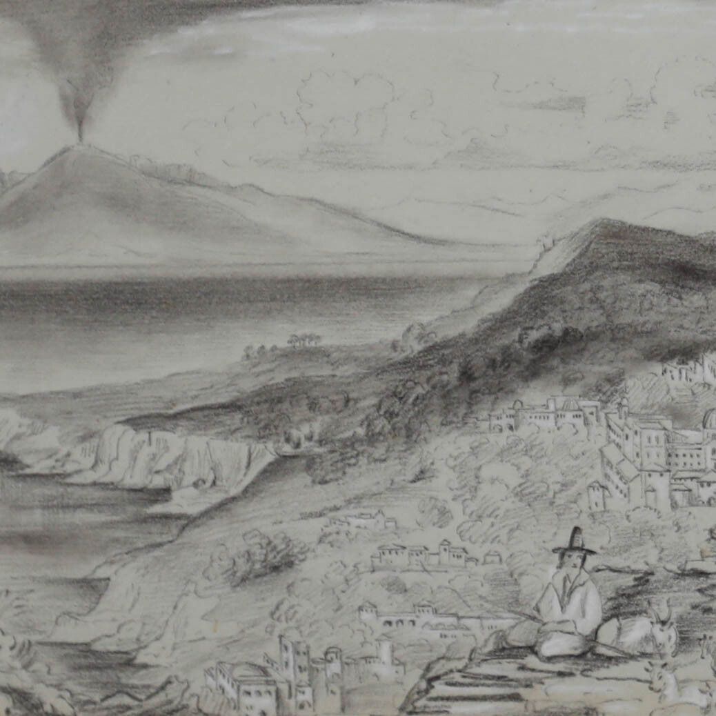 N. Darby  Framed 19th Century Graphite Drawing, Volcanic Landscape With Shepherd photo Art