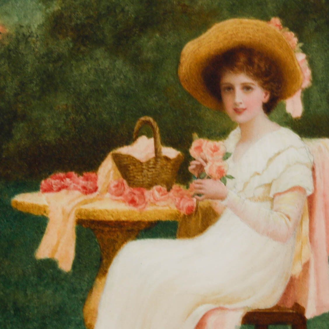 Herbert Blande Sparks (1870 1916)  Watercolour, Portrait Of Lady With Pink Roses photo Art
