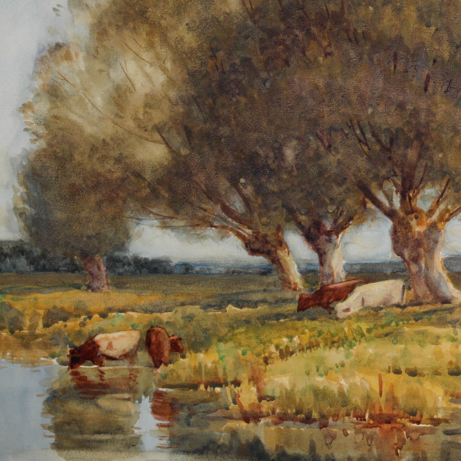 Edward Brook Framed Early 20th Century Watercolour, Cattle By The River photo Art
