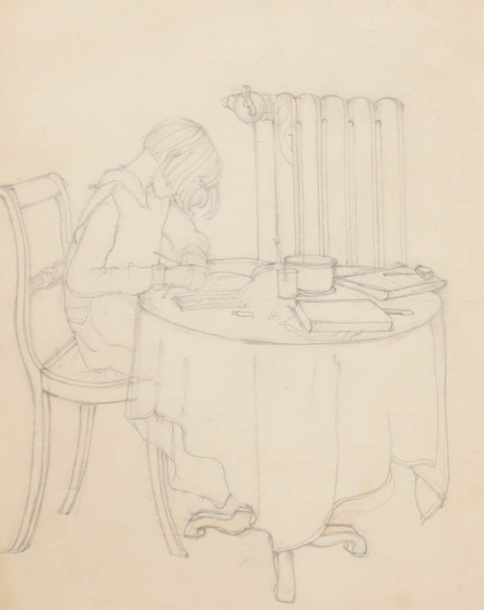 Brynhild Parker (1907 1987) Graphite Drawing, Young Girl Drawing At A Table photo furniture