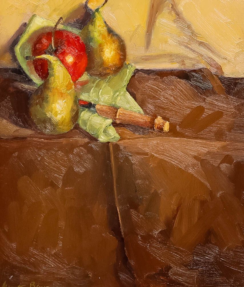 June Bevan (B.1927) 20th Century Oil, Red Apple And Golden Pears photo furniture