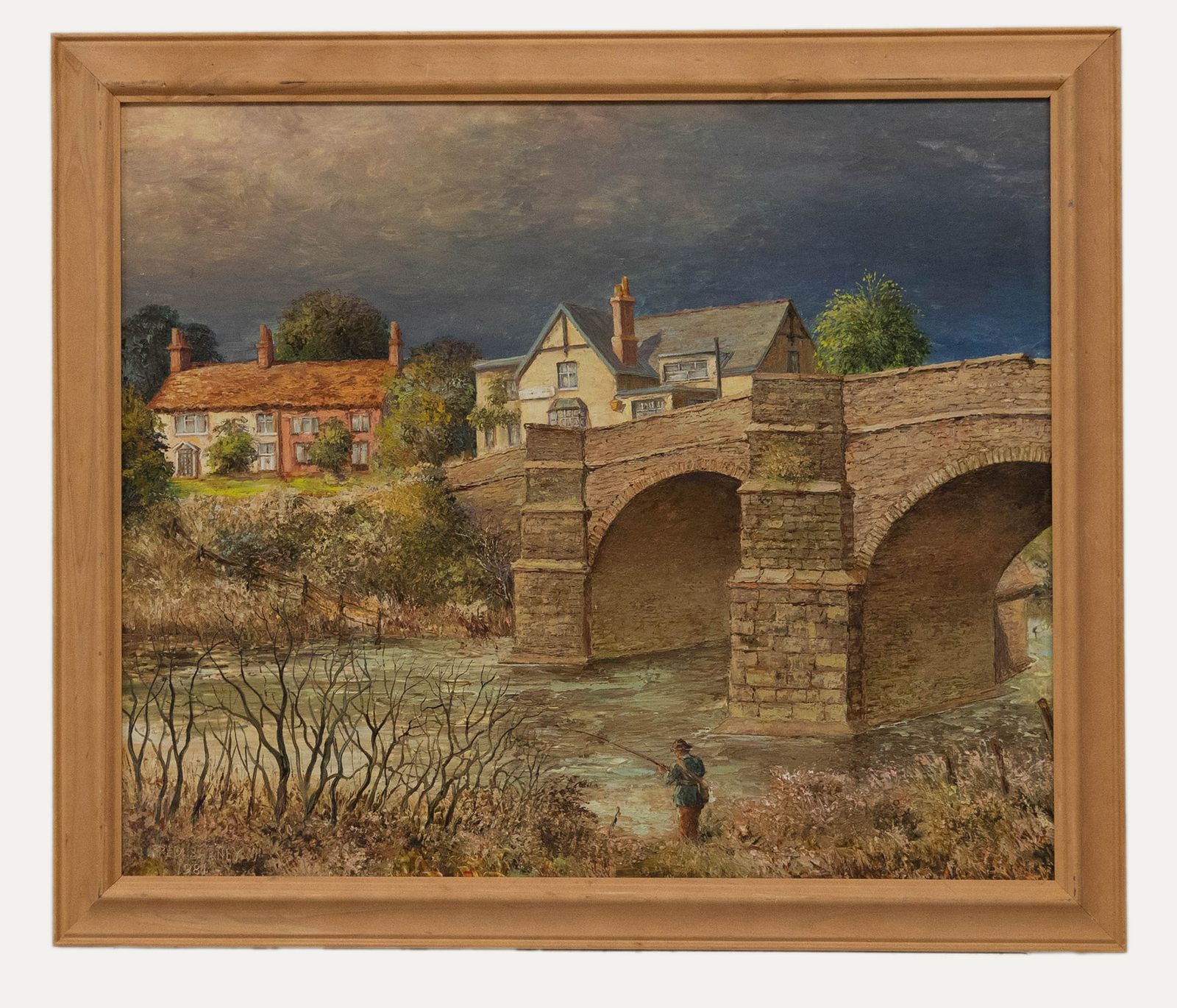 Fred Barney Framed 20th Century Oil, Fisherman Beside A Stone Bridge