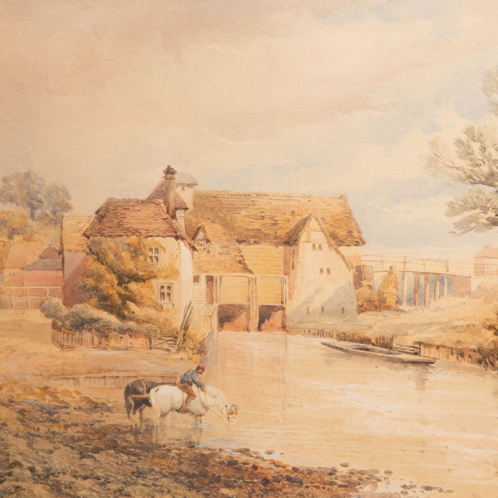 W. S. S.  19th Century Watercolour, Farm By The Stream photo Art