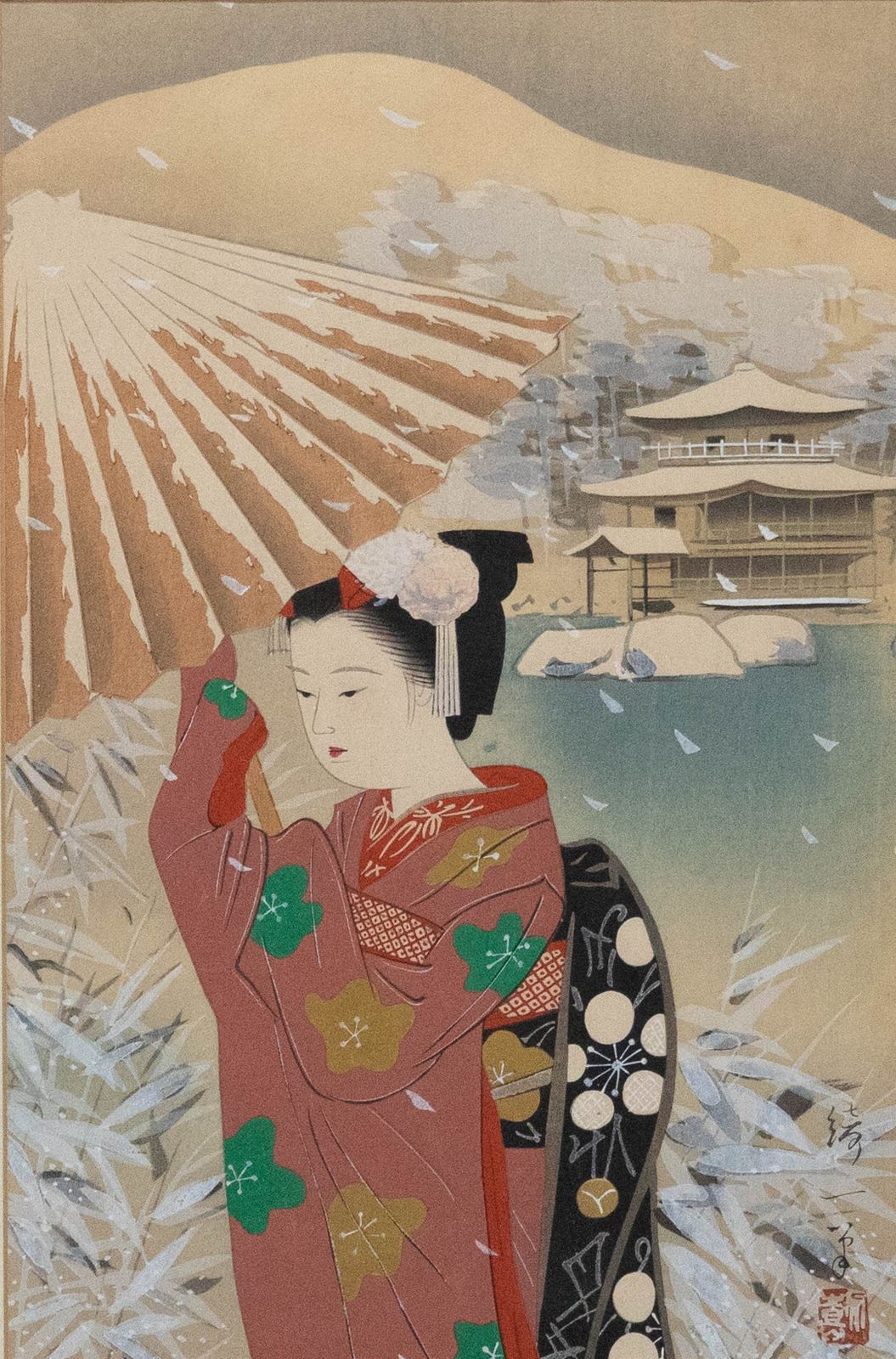 Mid 20th Century Watercolour Woman In The Winter Snow photo furniture
