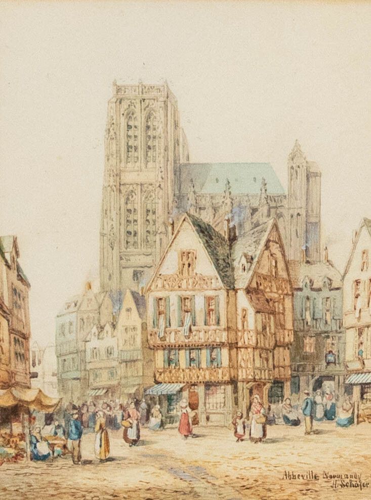 Henry Schafer (1854 1915) Early 20th Century Watercolour, Abbeville, Normandy photo furniture