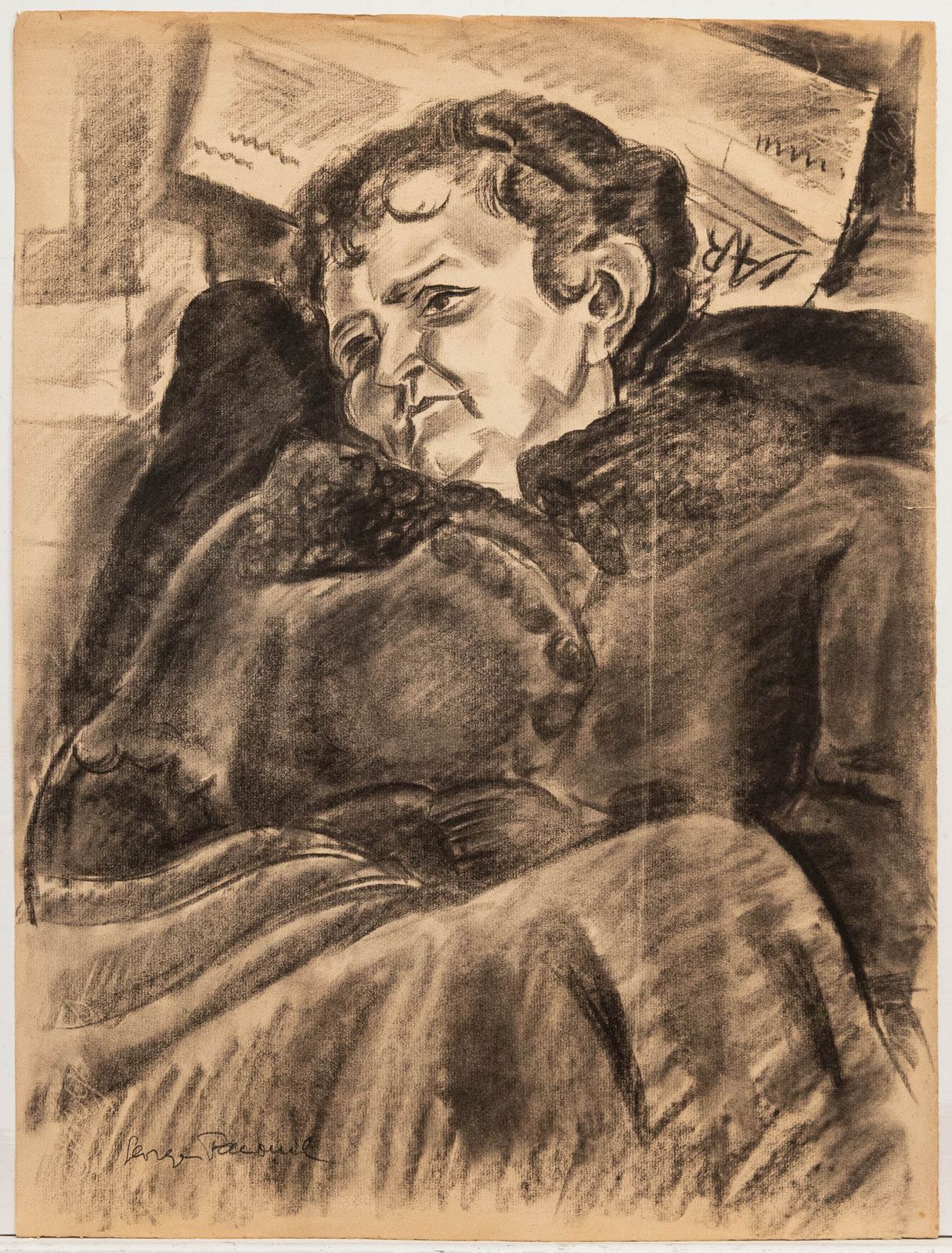 Georges Pacouil (1903 1996) Charcoal Drawing, Lady In The Winter Coat photo furniture