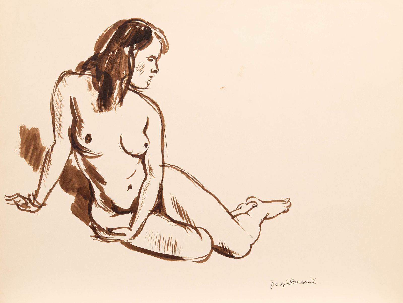 Georges Pacouil (1903 1996) Mid 20th Century India Ink, Nude In Profile