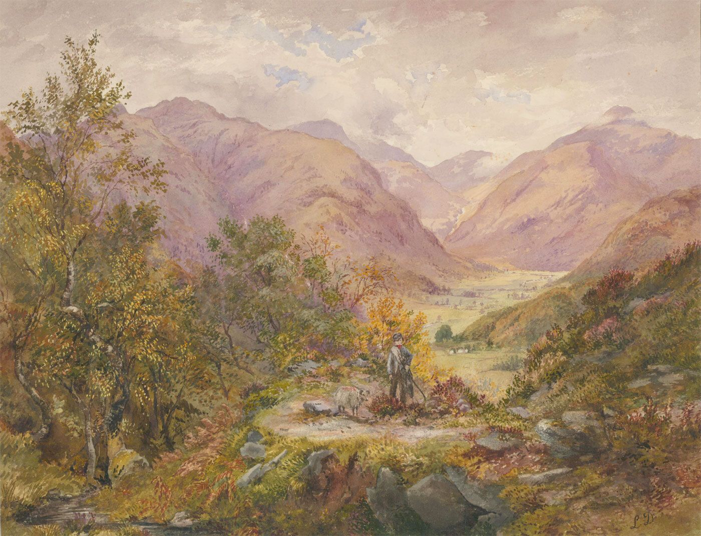 L. Drayton 19th Century Watercolour, Shepherd & His Sheep
