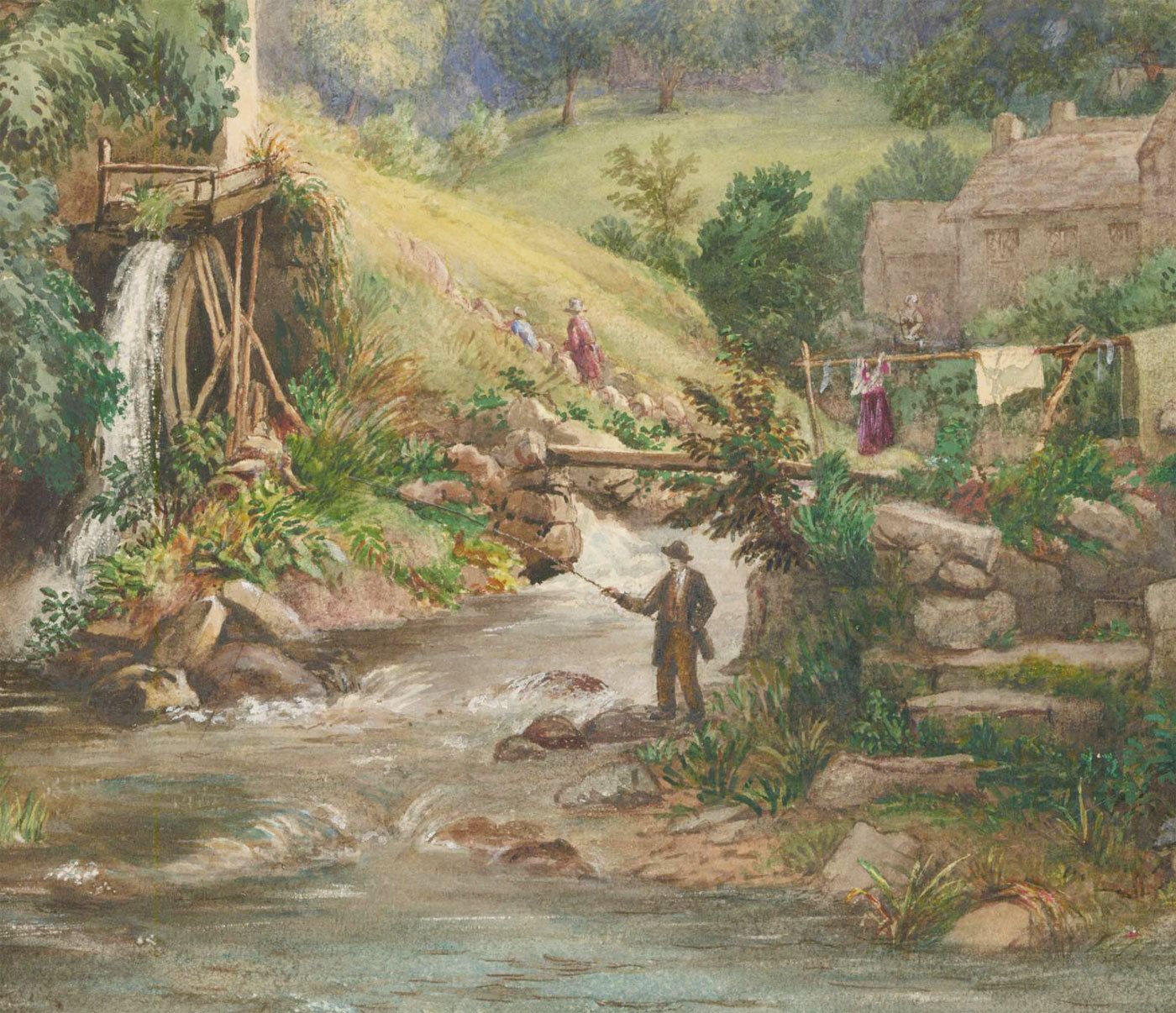 L. Drayton 19th Century Watercolour, Fishing Below The Village Mill photo for sale