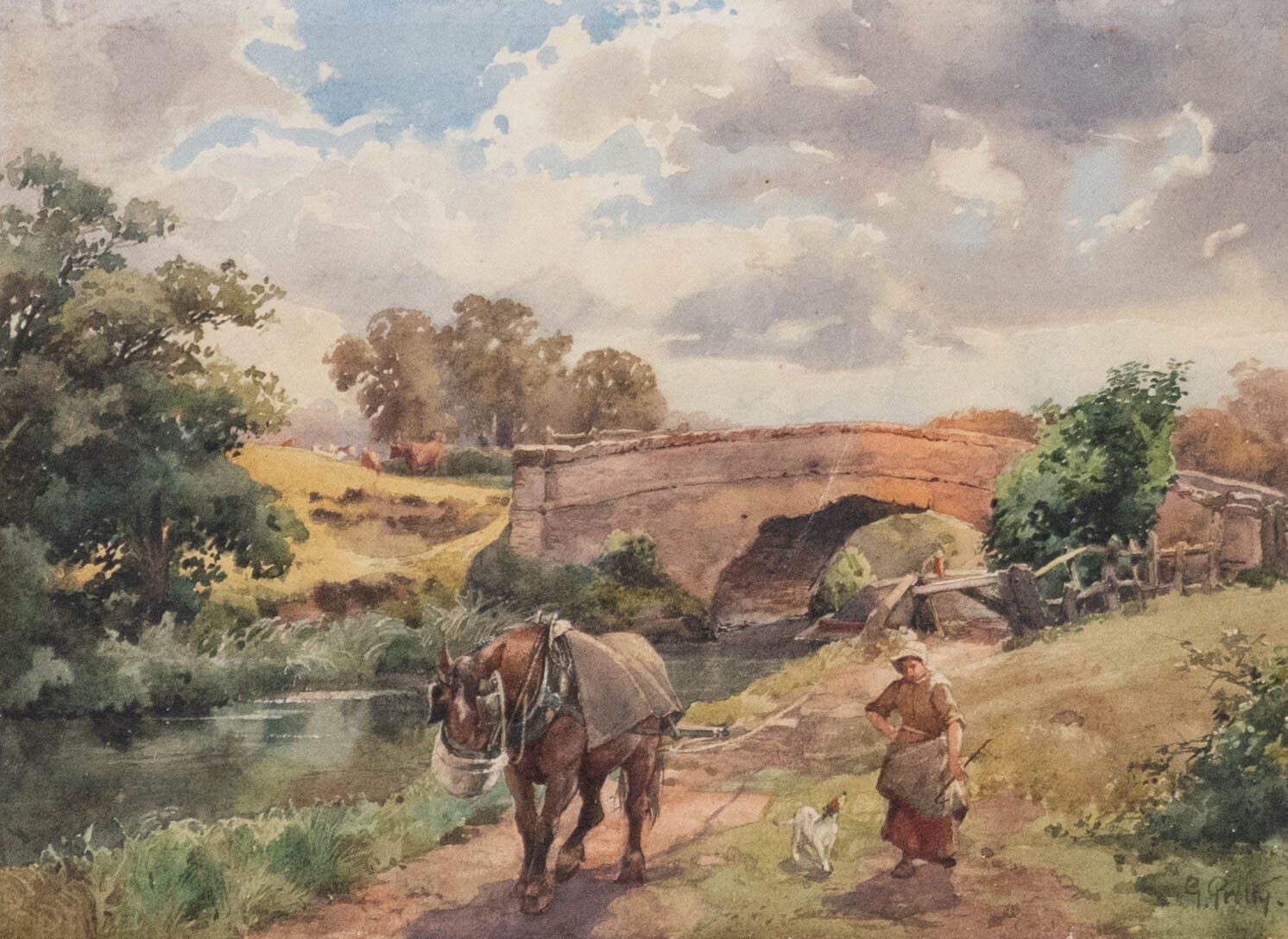 G. Grolly  Early 20th Century Watercolour, Horse On The River Bank photo furniture