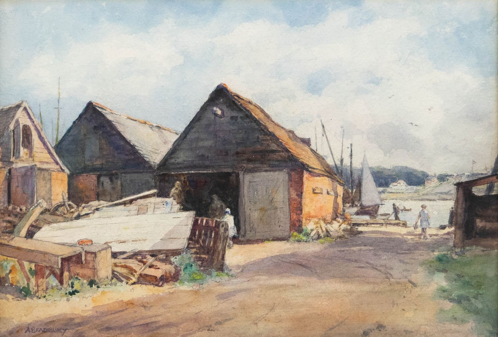 Arthur Royce Bradbury Arwa (1892 1977) Watercolour, Figures At The Boatyard photo furniture