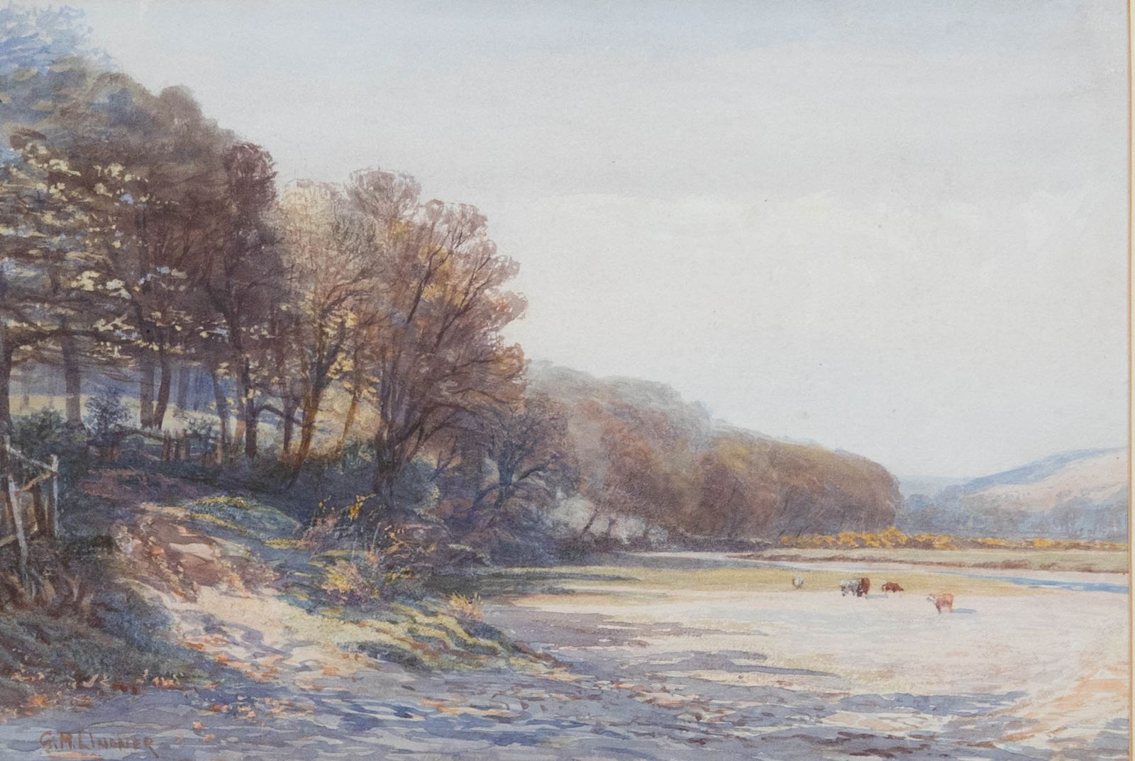 G. M. Linder  Framed Late 19th Century Watercolour, Cattle In The Water Meadow photo furniture