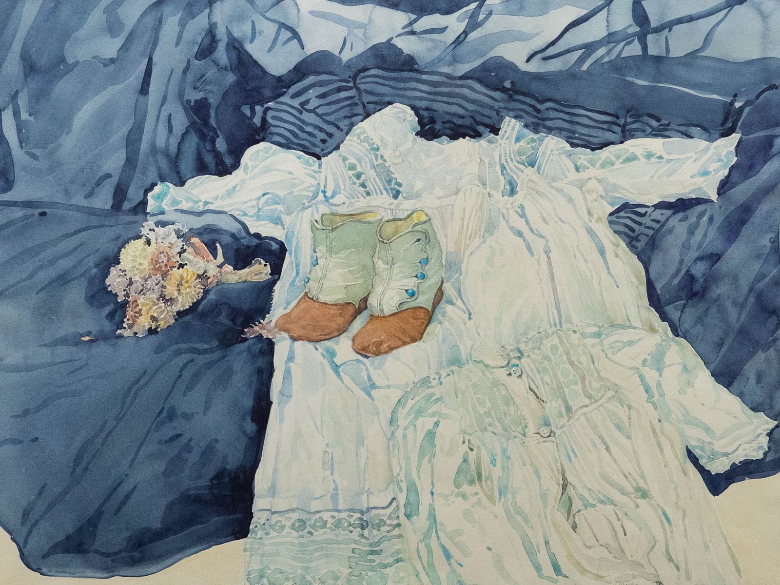 Nancy Petley Jones (B.1953) Framed 20th Century Watercolour, The First Shoes photo furniture