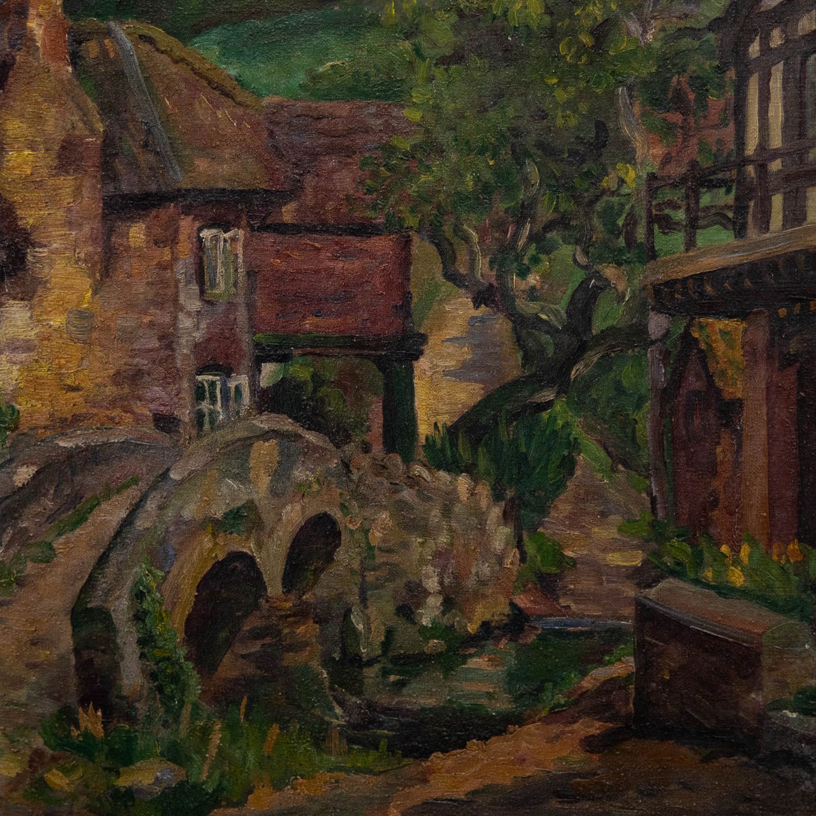 Bess Defries Brady Mid 20th Century Oil, Dwellings By A Stone Bridge photo Art
