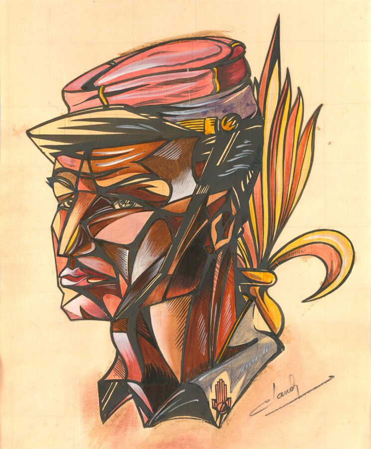 Cubist School 20th Century Pen & Watercolour Portrait Of A Soldier photo furniture