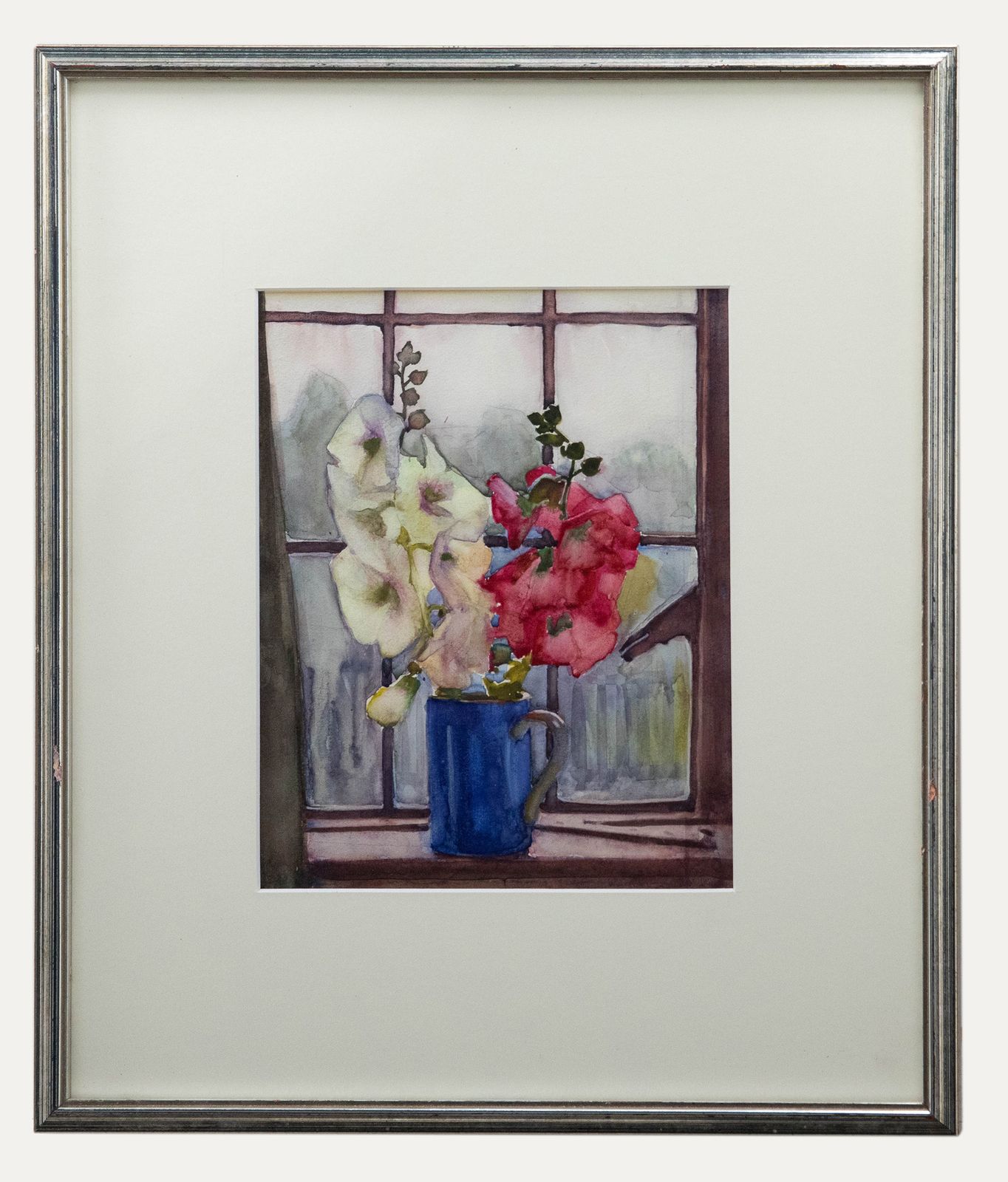 20th Century Watercolour Hollyhocks In The Window