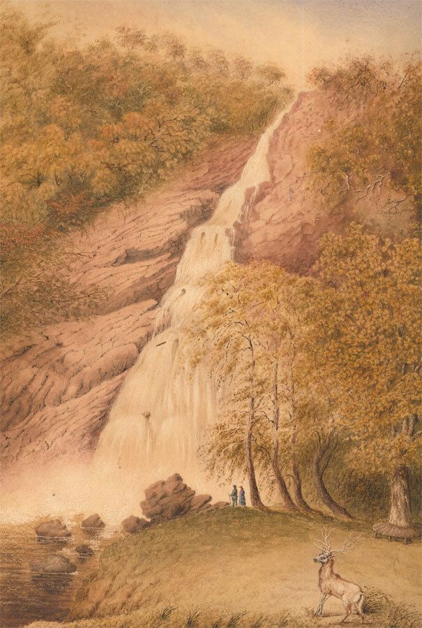 19th Century Watercolour Mountain Waterfall With A Stag