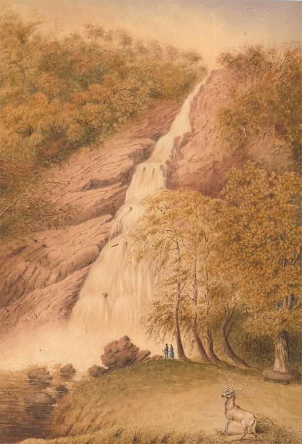 19th Century Watercolour Mountain Waterfall With A Stag photo for sale