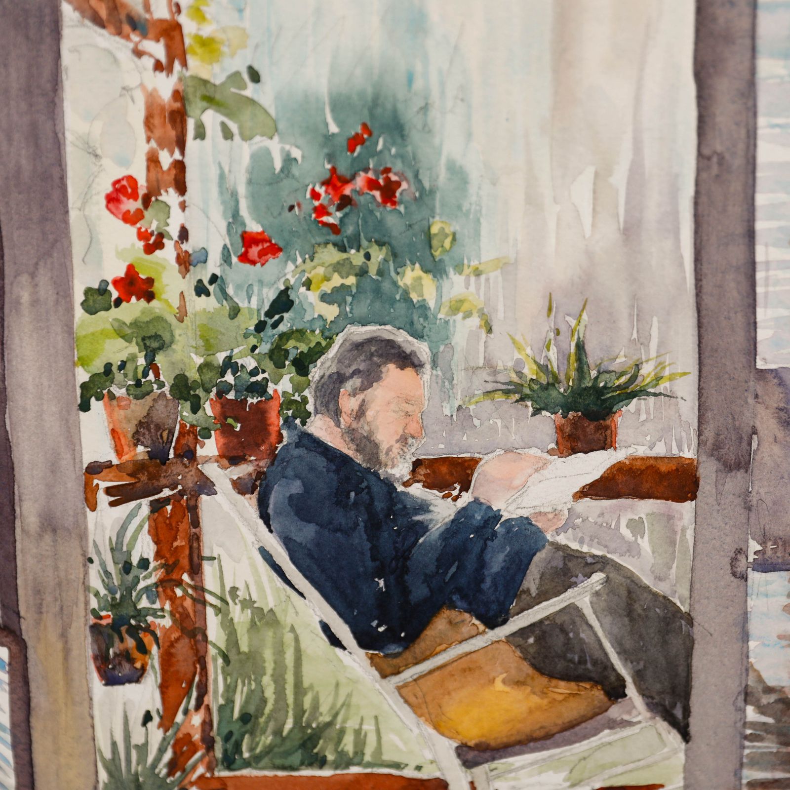 June Bevan (B.1927) 20th Century Watercolour, Ralph In Rocking Chair photo for sale