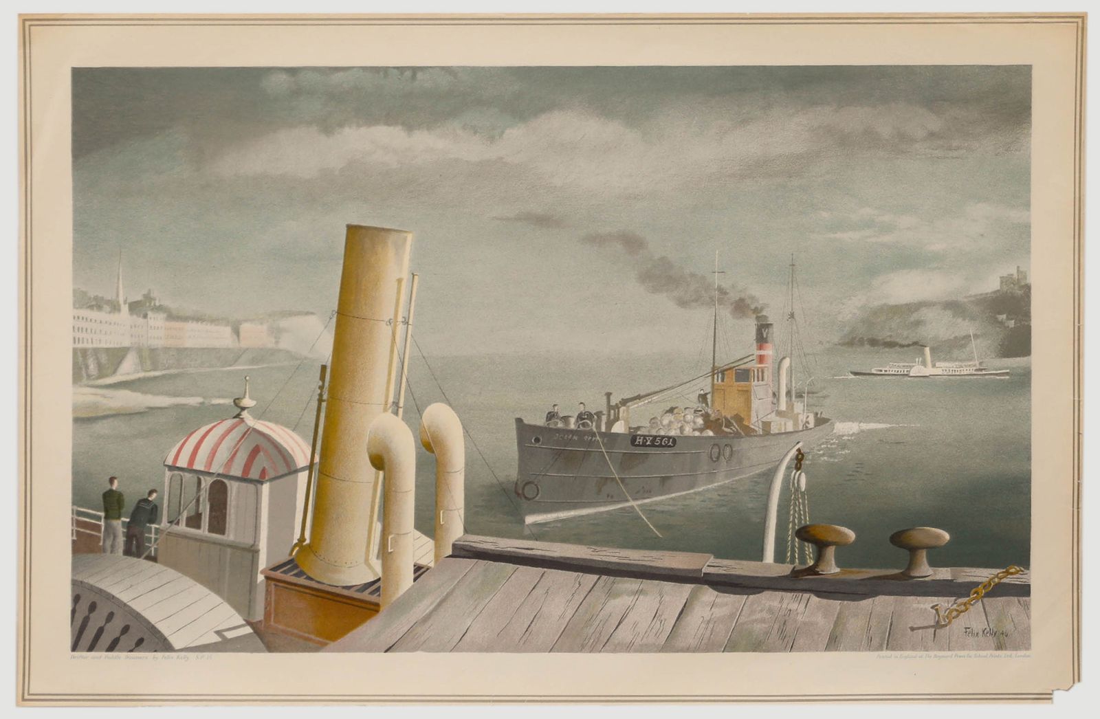 Felix Kelly (1914 1994) 1940s Lithograph, Drifter And Paddle Steamers