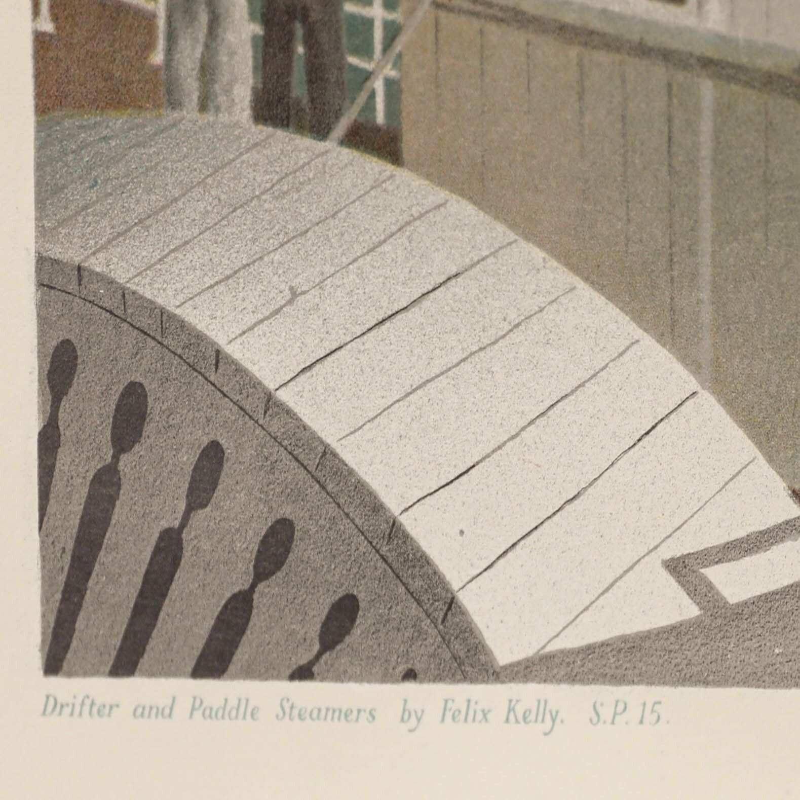 Felix Kelly (1914 1994) 1940s Lithograph, Drifter And Paddle Steamers photo for sale