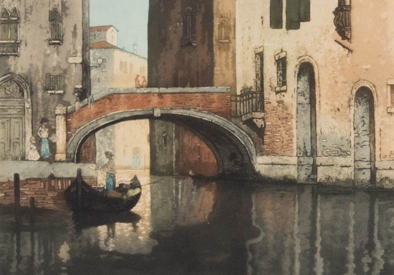 Maurice Bompard (1857 1936) Framed Early 20th Century Aquatint, Quiet Canal photo furniture