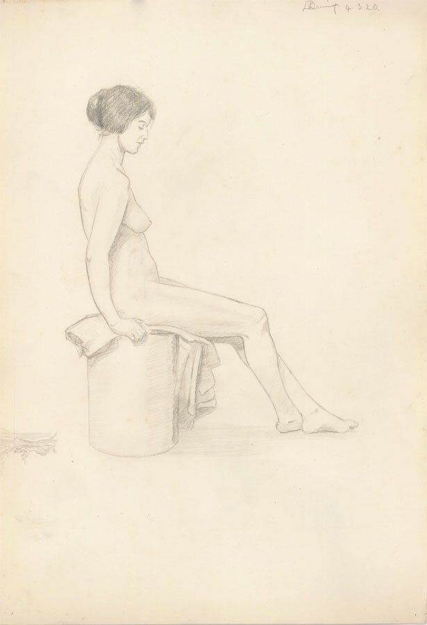 Lorna Bing (1897 1993) 1920 Graphite Drawing, Seated Female Nude photo furniture