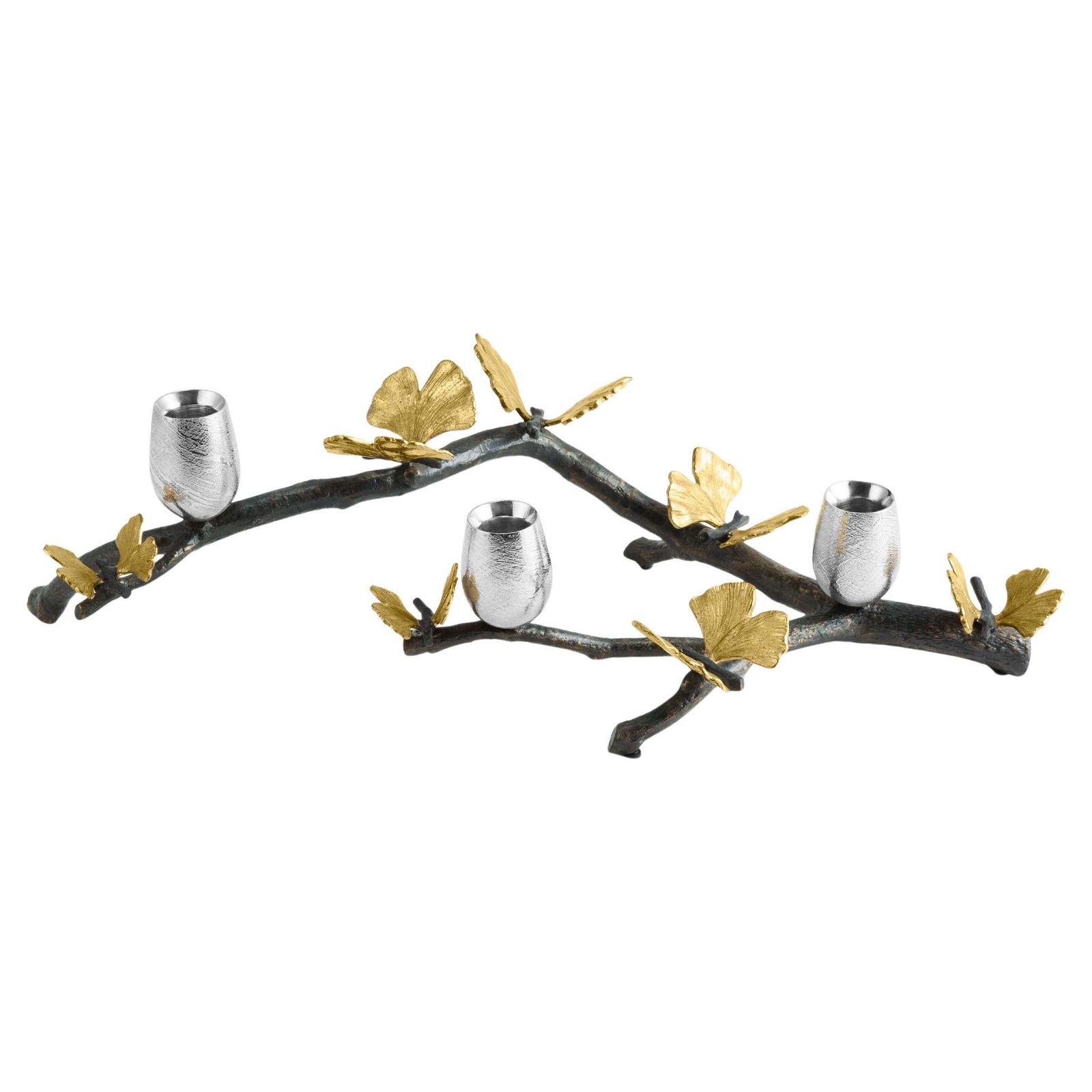 Butterfly Ginkgo Candlesticks, Long Model Made From Oxidised Nickel Plated Brass