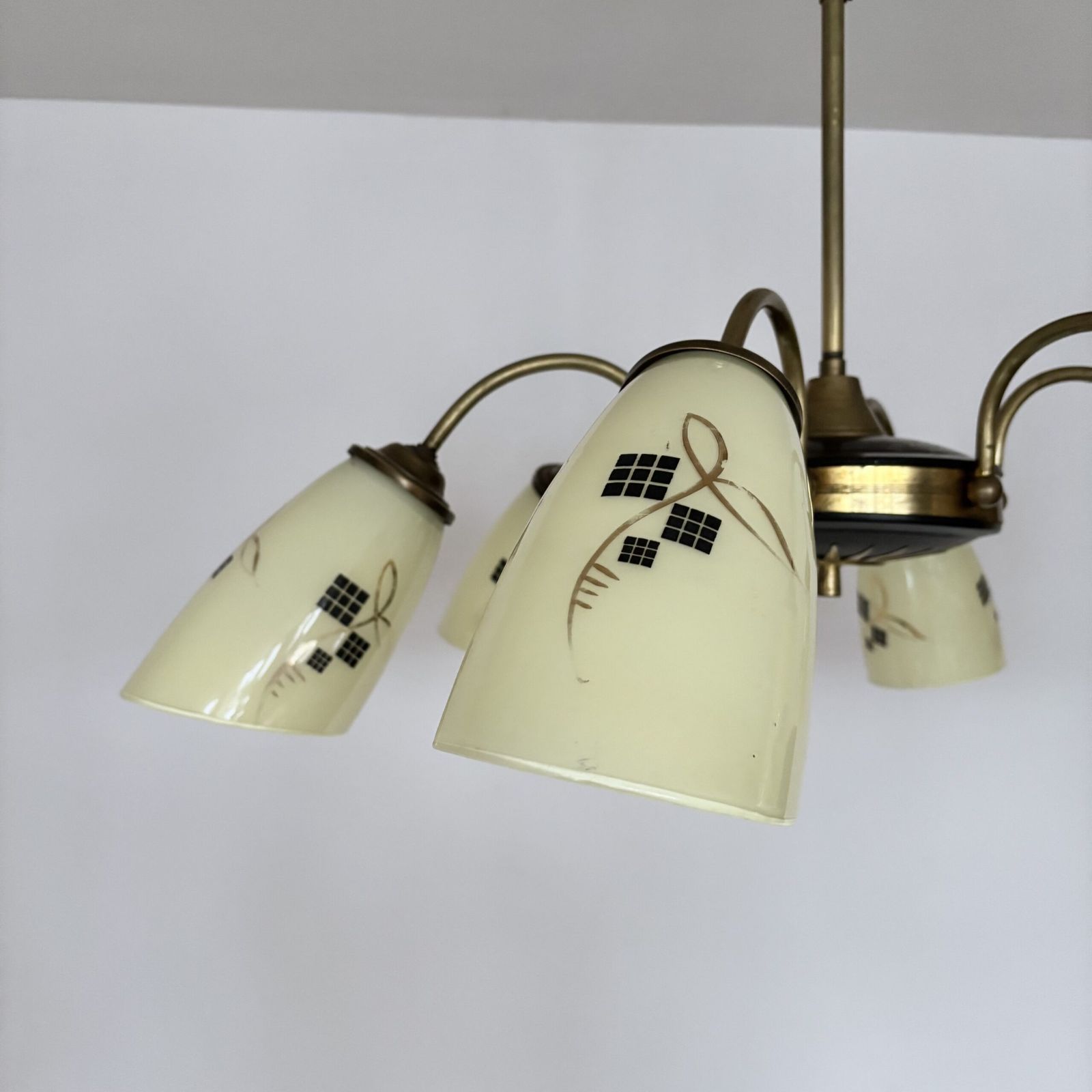 Mid Century Brass And Black Chandelier With Decorative Yellow Glass Shades photo vinterior