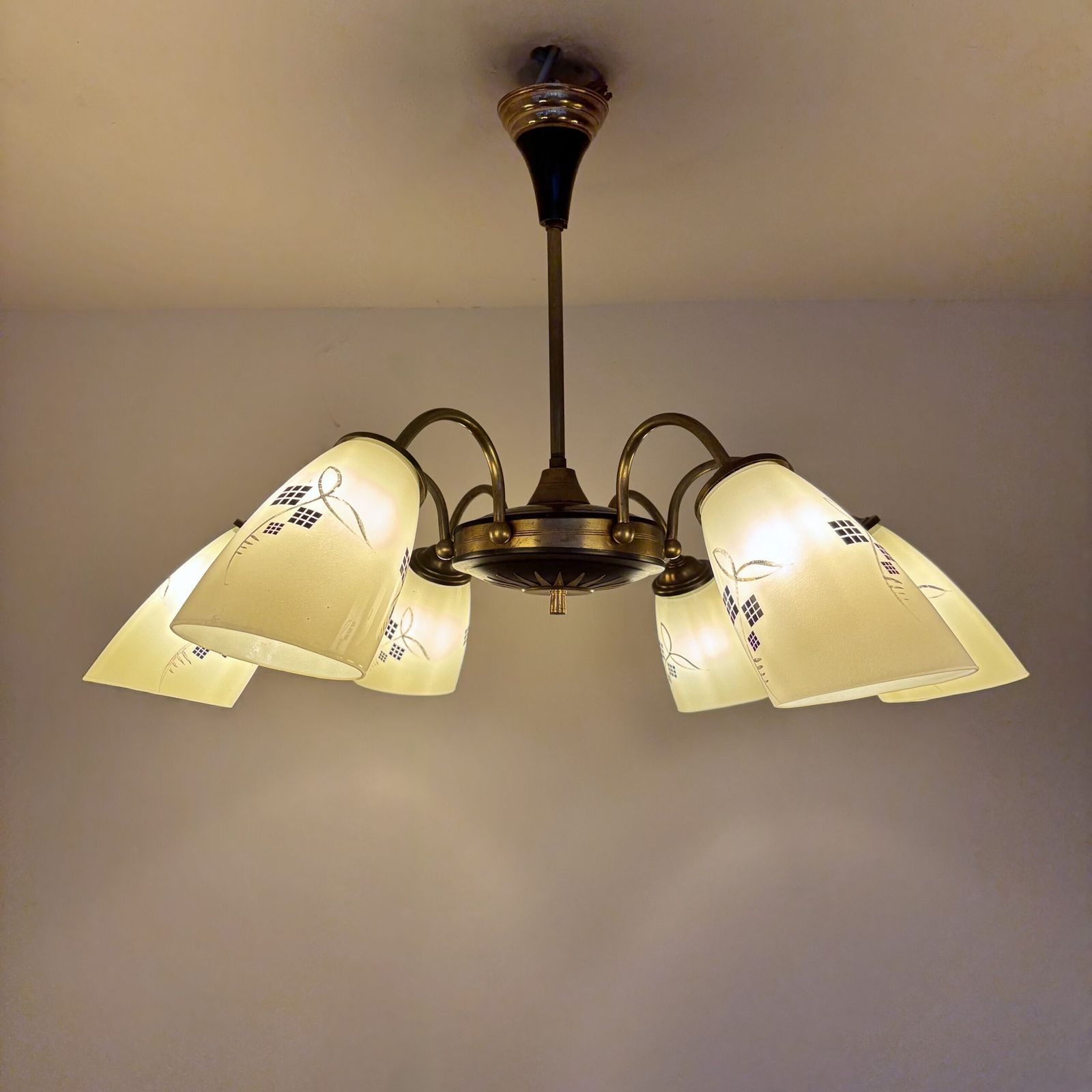 photo furniture Mid Century Brass And Black Chandelier With Decorative Yellow Glass Shades