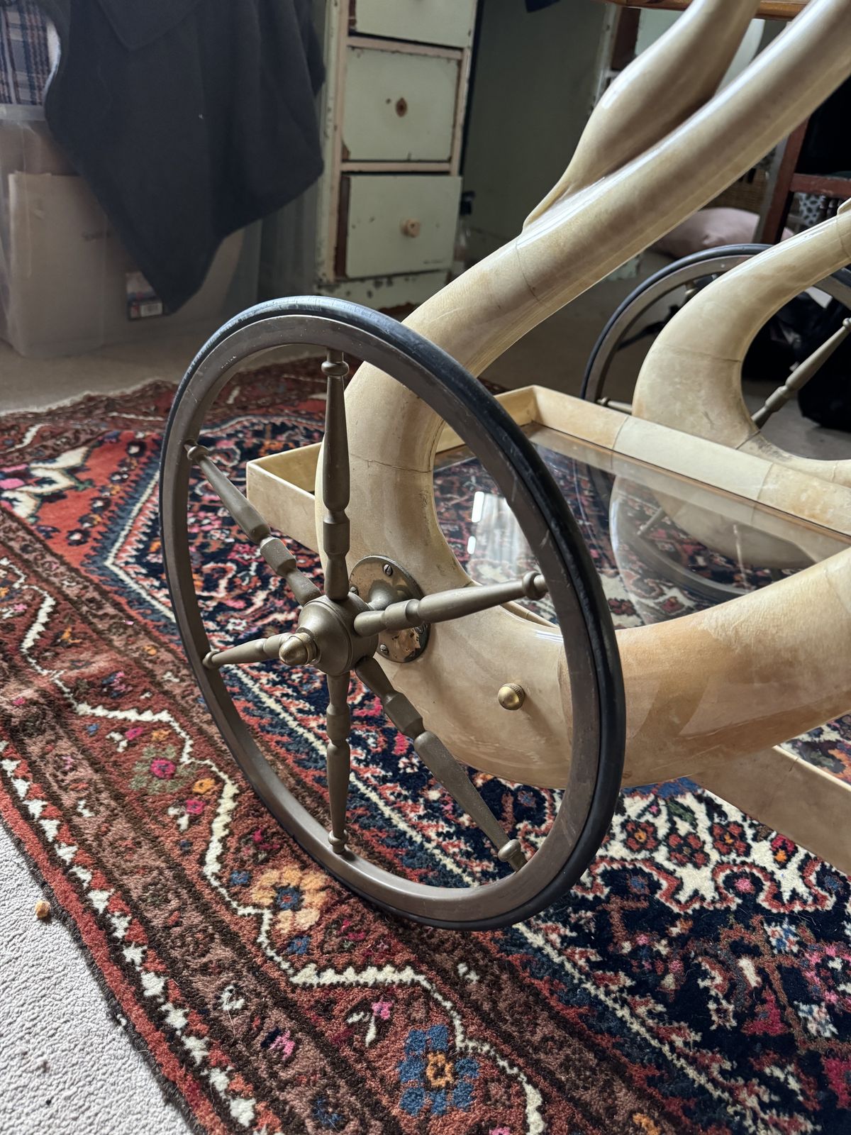 1950s Aldo Tura Italian Goatskin And Brass Swan Service Cart photo for sale