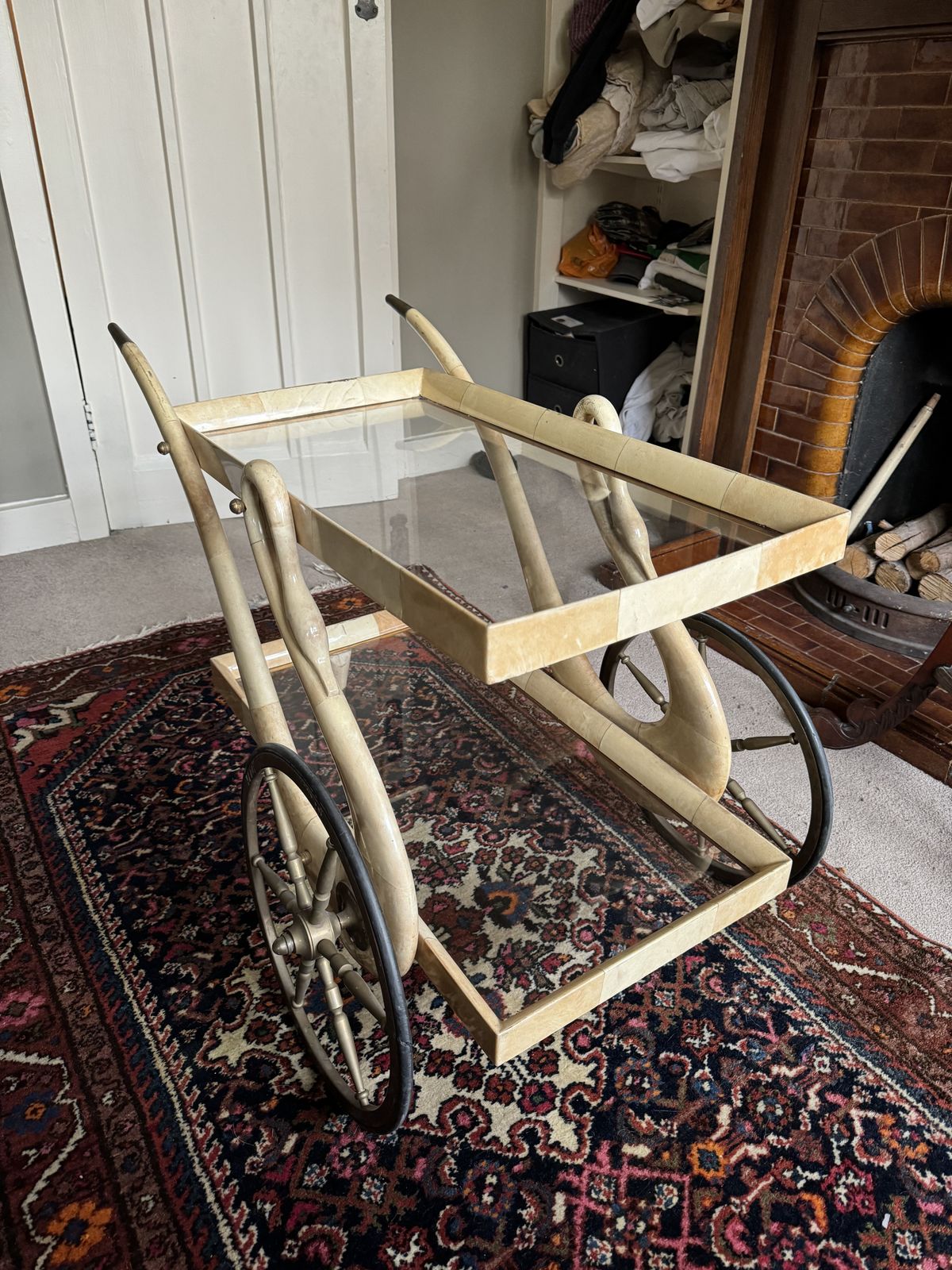 1950s Aldo Tura Italian Goatskin And Brass Swan Service Cart photo vinterior