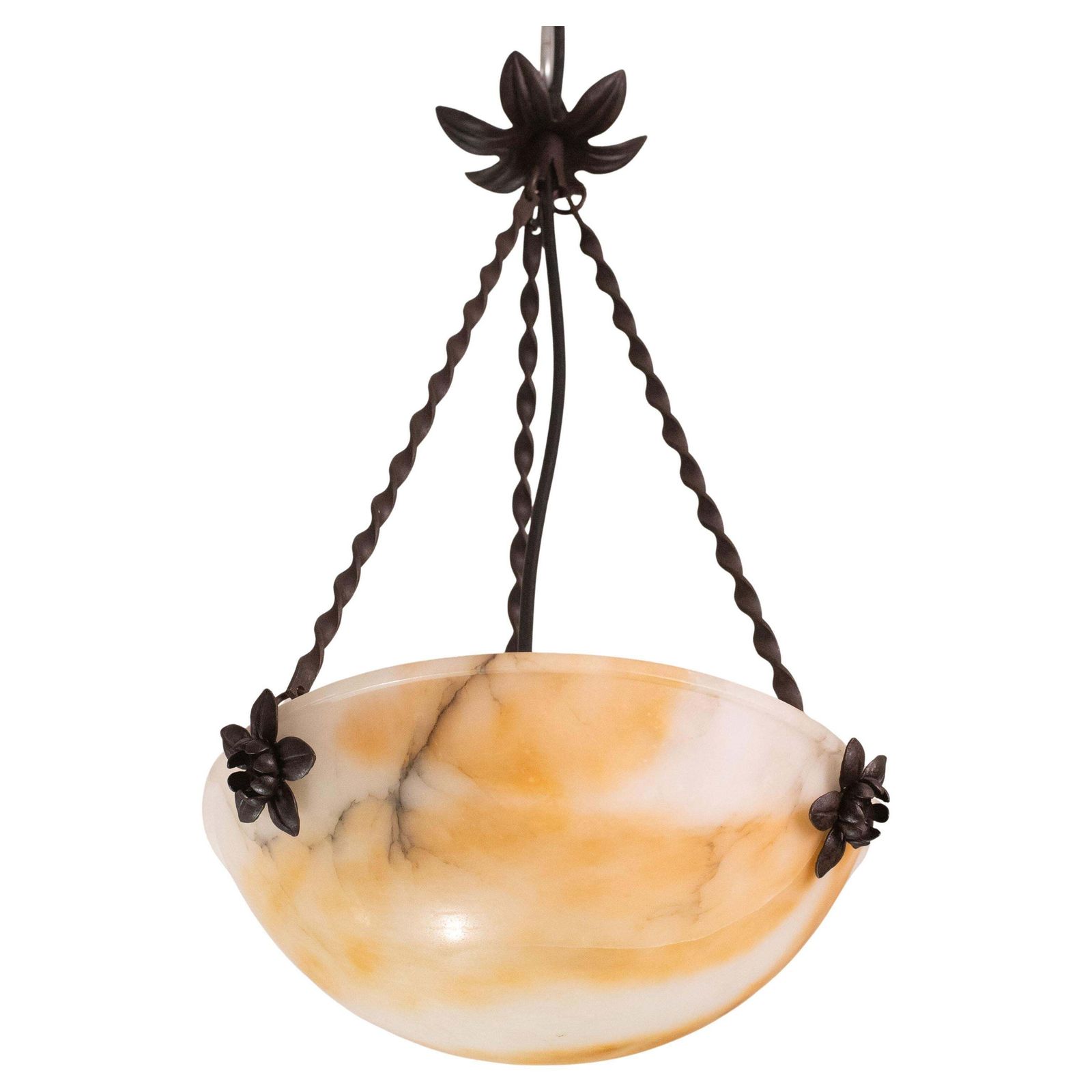 Great Design Art Decò Orange And White Alabaster Chandelier, 1950