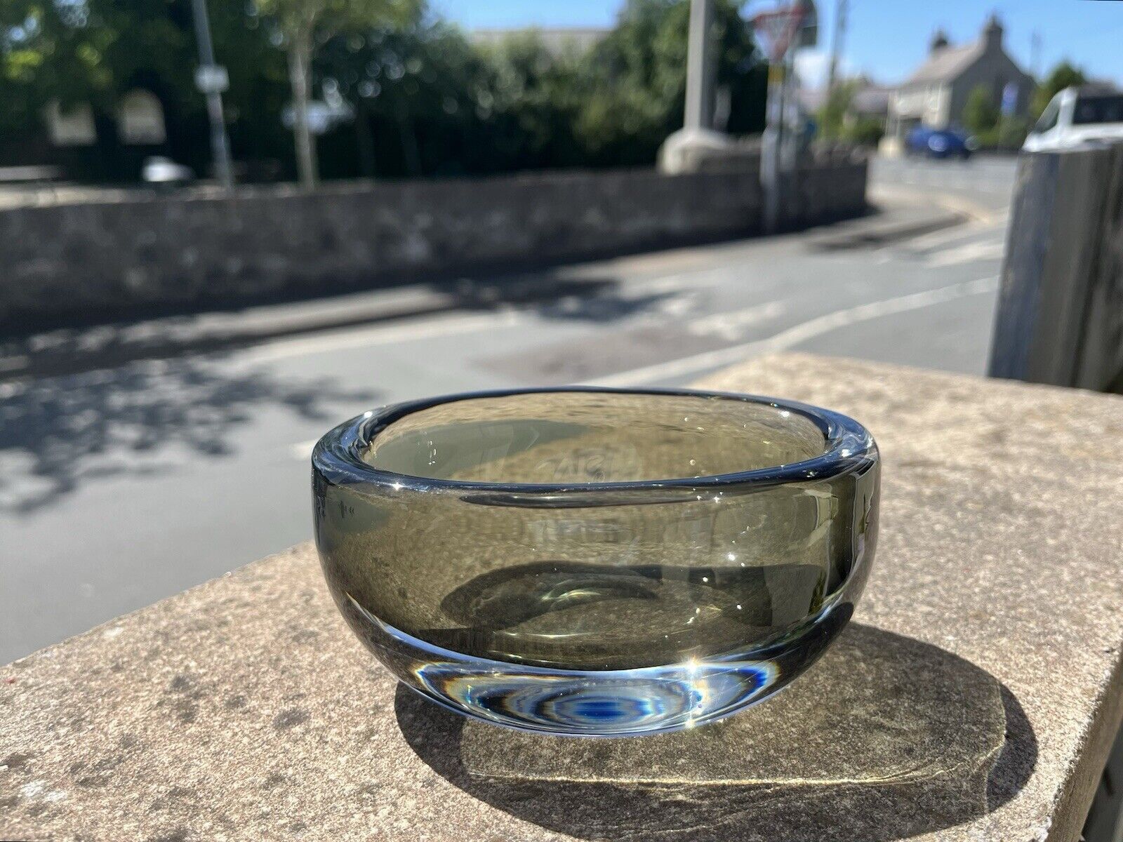 Signed 1950's Swedish Orrefors Nils Landberg Smoke Grey Glass Scandi Geode Bowl photo Home Decor