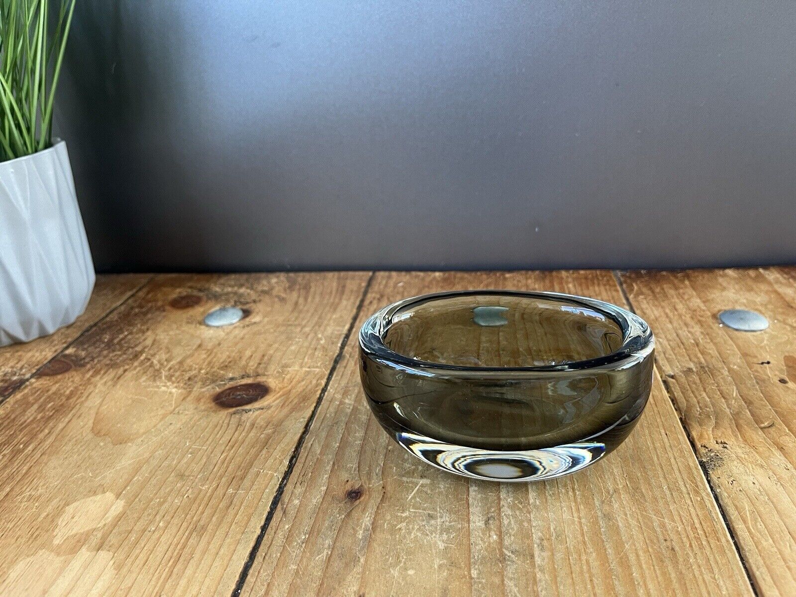 Signed 1950's Swedish Orrefors Nils Landberg Smoke Grey Glass Scandi Geode Bowl photo buy