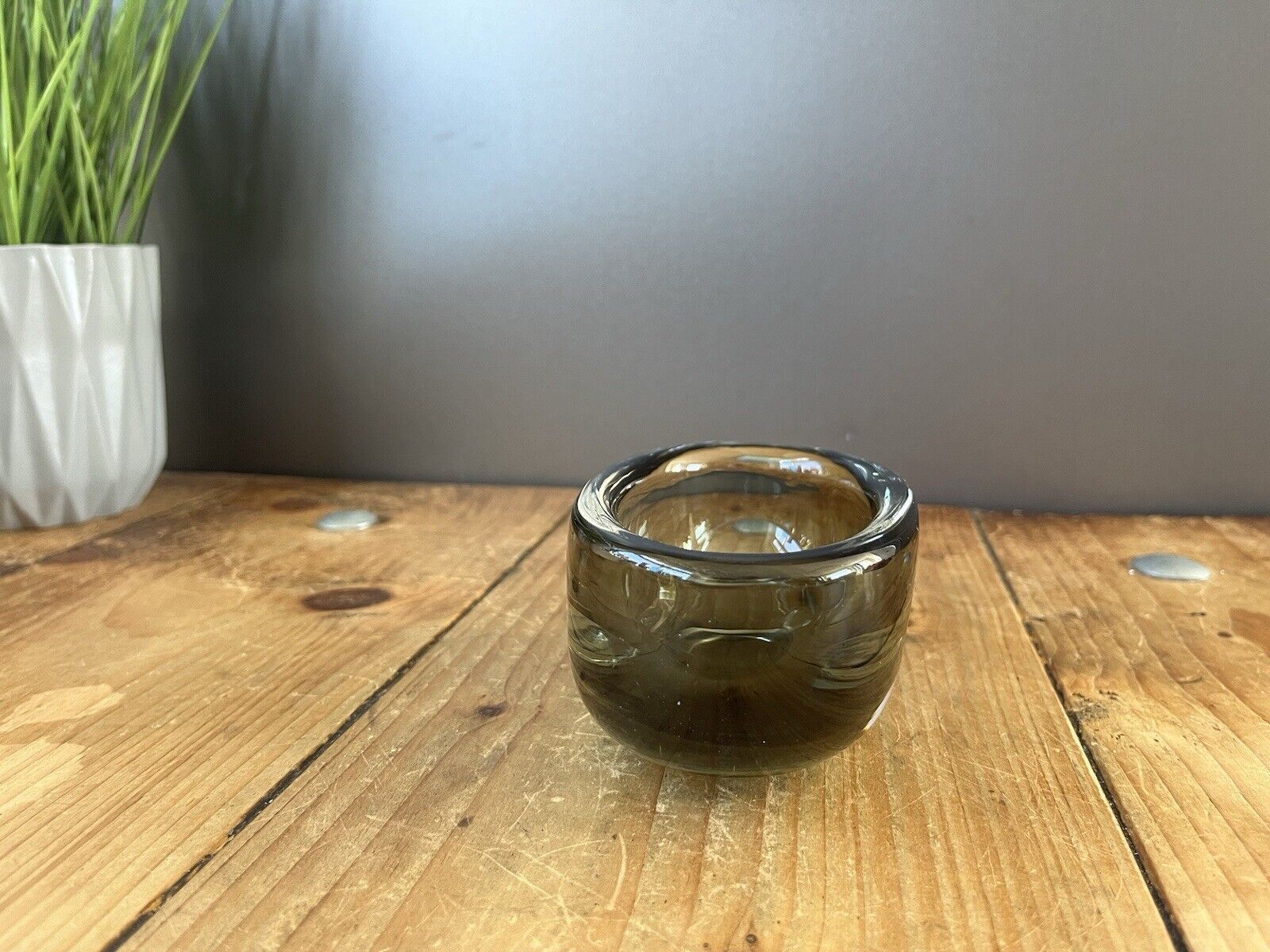Signed 1950's Swedish Orrefors Nils Landberg Smoke Grey Glass Scandi Geode Bowl photo vintage