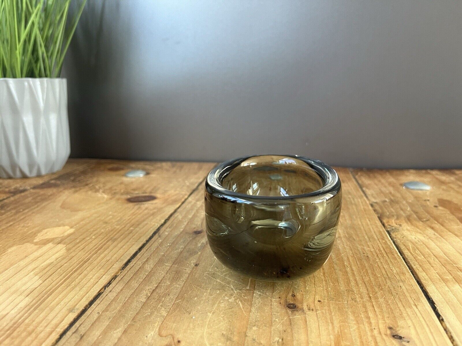 photo for sale Signed 1950's Swedish Orrefors Nils Landberg Smoke Grey Glass Scandi Geode Bowl